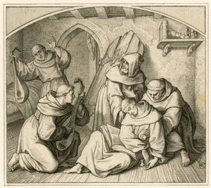 Martin Luther er bevisstløs i sin klostercelle, sammen med andre munker som spiller lut av Gustav Ferdinand Leopold Konig