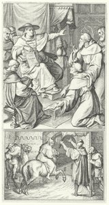 Martin Luther forlater pavens legat i Wittenberg, Thomas Cajetan (øverst). Martin Luther forlater byen Augsburg (nederst) (gravering) av Gustav Ferdinand Leopold Konig