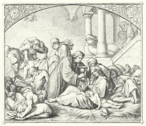 Martin Luther tilbyr trøst til de som lider av pesten (gravering) av Gustav Ferdinand Leopold Konig