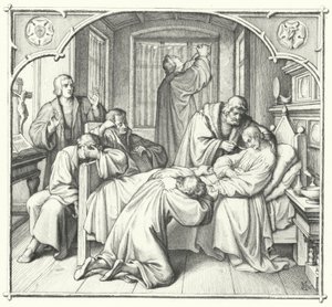 Martin Luther ber ved dødsleiet til Philip Melanchthon (gravering) av Gustav Ferdinand Leopold Konig
