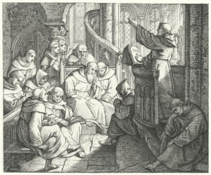Martin Luther forkynner for Johann von Staupitz og de andre munkene ved klosteret (gravering)