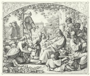Martin Luther med familien og noen av hans samtidige nyter sommeren (gravering) av Gustav Ferdinand Leopold Konig