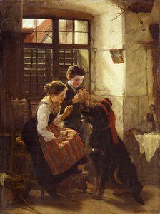 Det tålmodige kjæledyret. To barn setter hatter på hunden sin og tilbyr den brød å spise. Maleri av Gustav Igler (1842–1908). av Gustav Igler