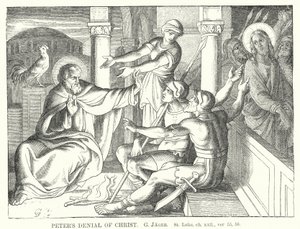 Peters fornektelse av Kristus, St. Lukas, kap xxii, ver 55, 56 (gravering) av Gustav Jager