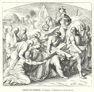 Simon av Kyrene, St Matteus, kap xxvii, ver 32 (gravering) av Gustav Jager