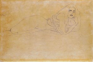 «Naken liggende på magen, vendt mot høyre.» Portrett av en naken kvinne liggende på magen. Tegning av Gustav Klimt (1862–1918) av Gustav Klimt