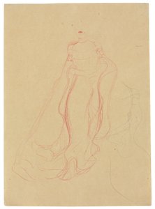 Kostymestudie med hender knyttet sammen, repetisjon av høyre side, ca. 1903-04 (farget voksstift og blyant på buff-papir) av Gustav Klimt