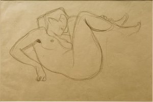 Naken jente på huk med trukket lår (studie) av Gustav Klimt