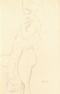 Naken Stående til venstre og holder et håndkle mot kroppen, 1917 av Gustav Klimt