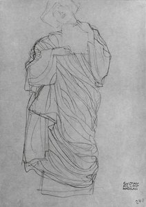 Robed stående kvinne holder kort, (blyant på brunt papir) av Gustav Klimt