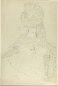 Sittende kvinne forfra med hatt, ansiktshette av Gustav Klimt