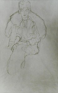 Sittende kvinne med pelsbeklædning og hodeplagg av Gustav Klimt