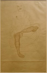 Sittende kvinnelig halvnaken forfra av Gustav Klimt