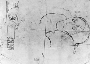 Studier for Ver Sacrum 1900 - Pallas Athene and a Tragic Head, 1897-98 (blyant og blå fargestift på kalkerpapir) av Gustav Klimt