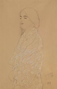 Kvinne med hvitt sjal (blyant med hvitt og rødt kritt på papir) av Gustav Klimt