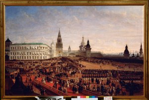 Militærparade under kroningen av keiser Alexander II (1818-1881) i Kreml i Moskva, 18. februar 1855. Maleri av Gustav Schwarz (ca. 1800-etter 1855), olje på lerret