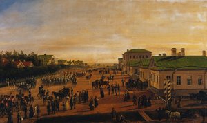 Tsar Nicholas vender tilbake fra en militærparade ved Krasnoe Selo, 1848