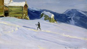 Vinterkveld i Vaga med skiløper (olje på lerret)