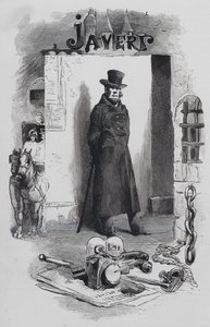 Scene fra Les Miserables, av Victor Hugo: Javert, detektiven (gravering) av Gustave (after) Brion