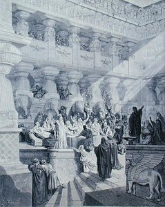 Daniel tolker skriften på veggen, gravert av A. Ligny, ca. 1868 (gravering) av Gustave (after) Dore