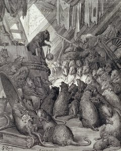 Rådet holdt av rottene, fra fabler i La Fontaine, gravert av Antoine Valerie Bertrand (f.1823) ca. 1868 (gravering) av Gustave (after) Dore