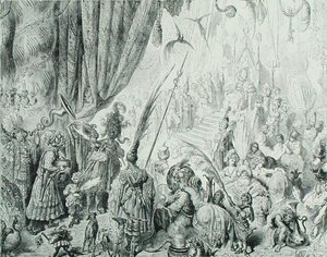 Retten til kongen av Serendib, ca. 1868 (gravering) av Gustave (after) Dore
