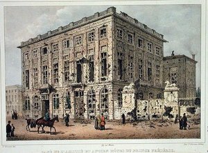 Cafe Amitie og Old Hotel du Prince Frederic, Brussel, etter kampene 23.-26. september 1830, gravert av Jean Baptiste Madou (1796-1877) (farget gravering) av Gustave Adolphe (after) Simoneau