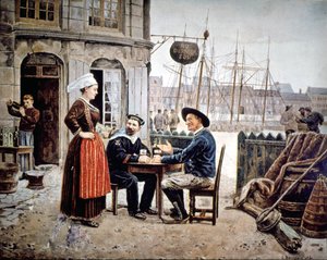 2 menn (en sjømann og en bretonsk fisker) i en bar som chatter med en bretonsk servitør, Saint Malo