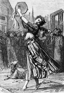 Esmeralda med geiten Djali, illustrasjon for Hunchback of Notre-Dame, roman av Victor Hugo (1802-1885), gravering etter tegning av Gustave Brion (1824-1877), utgitt av Hetzel, Paris
