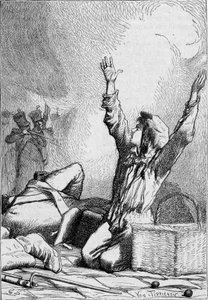 Gavroche falls on the barricades - in “” Les Miserables”” by Victor Hugo, ill. by Brion, ed. Hetzel and Lacroix
