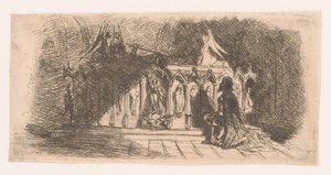 Mann kneler foran en gotisk grav av Gustave Buschmann