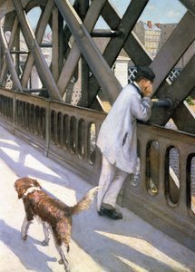 Le Pont de LEurope: detalj av en hvilende mann og en hund, 1876 detalj av 50110 av Gustave Caillebotte