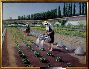 Gartnerne. To menn med vannkannene sine vanner plantasjen deres. I nærheten av dem ble glassklokker brukt til å dekke avlinger. Maleri av Gustave Caillebotte (1848-1894) av Gustave Caillebotte