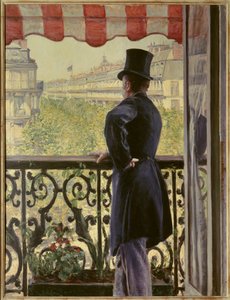 Mannen på balkongen En elegant mann i topphatt hviler på rekkverket til en balkong på de store parisiske bulevardene. Maleri av Gustave Caillebotte (1848-1894) 1880 søn. 0,86 x 1,14 m. Privat samling - Mannen på balkongen. En smart mann i topphatt av Gustave Caillebotte