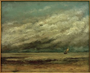 Seilbåt nær kysten, stormfull himmel av Gustave Courbet