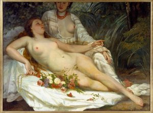 Badegjester sier to nakne kvinner. Maleri av Gustave Courbet (1819-1877)