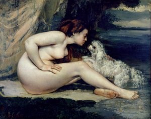 Naken kvinne med en hund (Portrett av Leotine Renaude) 1861-62 (olje på lerret)