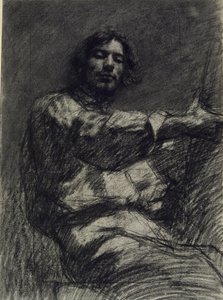 Ung mann sittende, studerer. Selvportrett ved staffeliet av Gustave Courbet