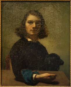 Lite kunstnerportrett med svart hund av Gustave Courbet