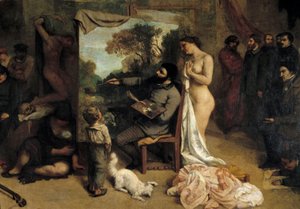 Malerens verksted. Allegorie Reelle bestemmer en syv-årig fase av mitt kunstneriske liv (og moralske) Detalj som skildrer maleren omgir hennes to inspirasjonskilder, et barn som symboliserer naivitet og en naken kvinne. Maleri av Gustave Courbet (1819-