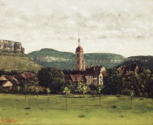 Utsikt over Ornans og dets klokketårn, ca. 1858 av Gustave Courbet