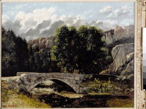 Utsikt over broen til Saint Sulpice i Fleurier, Sveits (olje på lerret av Gustave Courbet