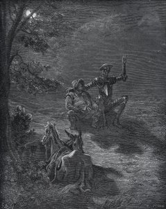 En nattlig diskurs - fra "Don Quixote de la Mancha" av Miguel Cervantes (1547-1616) (Don Quixote) - Tresnitt etter tegning av Gustave Dore av Gustave Dore