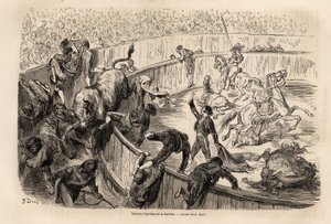 En okse som krysser barrieren, under en tyrefekting i Valencia, tegning av Gustave Dore (1832-1883), for å illustrere hans reise til Spania, med C. Davillier, i 1862. Gravering i "" Le tour du monde "", redigert av Edouard Charton av Gustave Dore