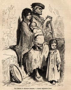 En familie av nomadedansere hviler i gatene i Sevilla. Skisse tatt live av Gustave Dore (1832-1883). Gravering for å illustrere reisen i Spania, i 1862 av Charles Davillier og Gustave Dore, i "Le tour du monde, nouveau journal des voyag av Gustave Dore