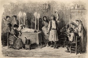 En begravelsesdans under begravelsesdagen i Jijonas (provinsen Alicante). Skisse tatt live av Gustave Dore (1832-1883). Gravering for å illustrere reisen i Spania, i 1862 av Charles Davillier og Gustave Dore, i "Le tour du monde, nouveau jour av Gustave Dore