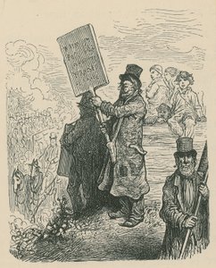 En mann holder et plakat under en protest av Gustave Dore
