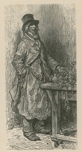 En mann står og selger varene sine fra en markedsbod av Gustave Dore