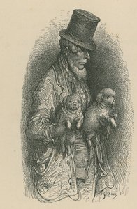 En mann med topphatt mens han holder to hunder i hendene av Gustave Dore
