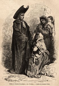En prest og en kvinne av folket, kledd i filler; de profesjonelle spanske tiggerne slo seg ned på kirkenes domstoler for å utnytte den kristne nestekjærligheten dyktig. Skisse tatt live av Gustave Dore (1832-1883). Gravering for å illustrere reisen av Gustave Dore